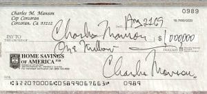 Charles Manson autographed PERSONAL CHECK!